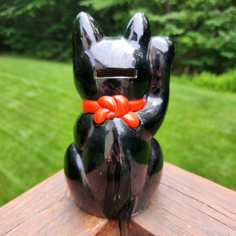 Maneki Neko Lucky Black Cat Red Ribbon Japanese Hand Painted Bank Right Paw Up - Picture 3 of 6
